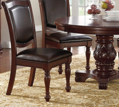 Formal Dining Side Chairs, Set of 2, Rubberwood with Wood Veneer, PU Upholstered Seats, Carved Dark Brown