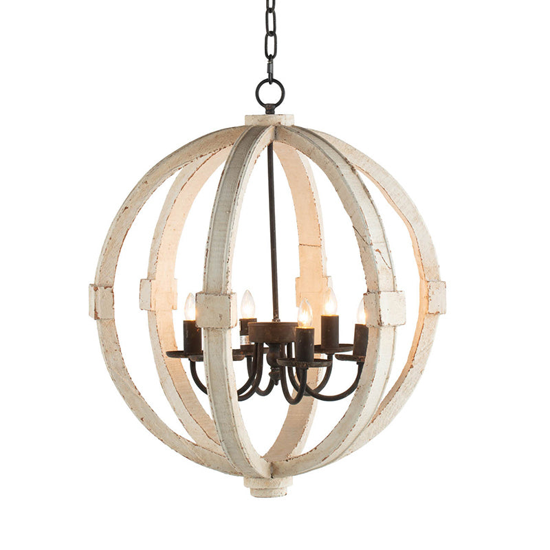 6-Light Pine Wood Chandelier with Adjustable Chain, Iron Accents for Kitchen and Dining Rooms White