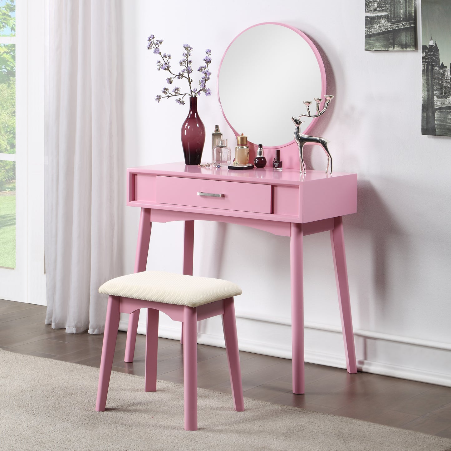 Contemporary Wood Vanity and Stool Set with Storage Drawers, Makeup Table for Bedroom, 2-Piece Pink