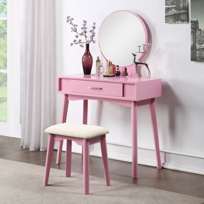 Contemporary Wood Vanity and Stool Set with Storage Drawers, Makeup Table for Bedroom, 2-Piece Pink