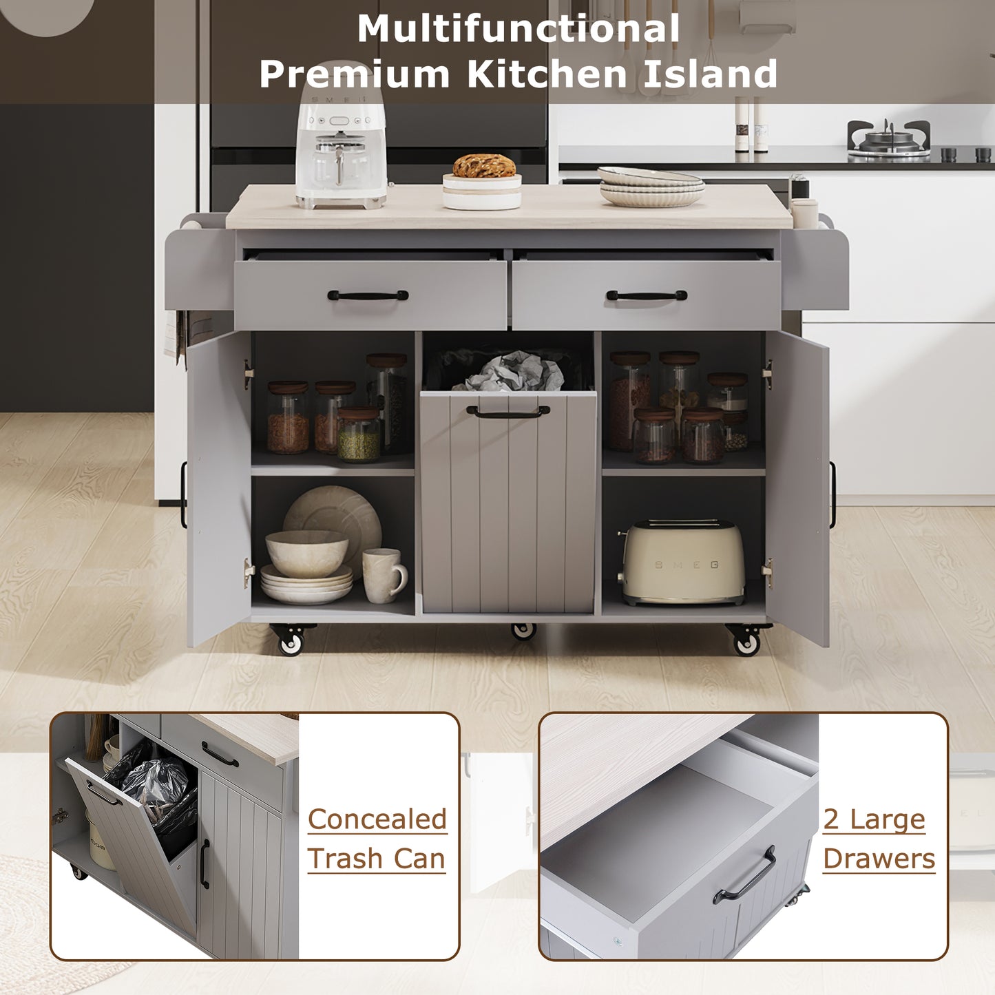 Grey Rolling Kitchen Island with Drop Leaf and Trash Can Storage, Spice Rack, Towel Rack, and Adjustable Shelves