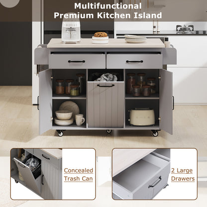 Grey Rolling Kitchen Island with Drop Leaf and Trash Can Storage, Spice Rack, Towel Rack, and Adjustable Shelves