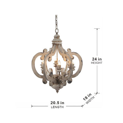 French Country 6-Light Wood Chandelier with Adjustable Chain, Bulbs Not Included, Whitewashed Beige