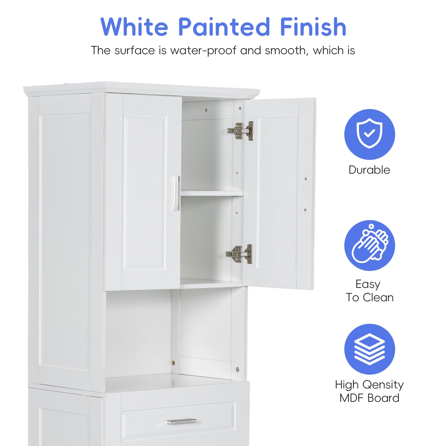 White Tall Storage Cabinet with Tilt-Out Laundry Hamper and Upper Shelves