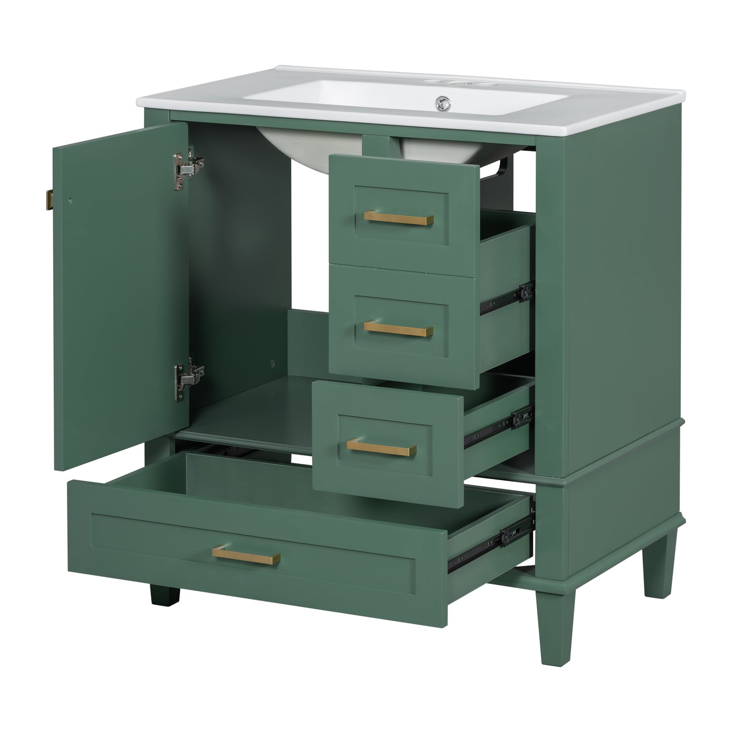 30" Stylish Green Bathroom Vanity with Soft-Close Doors and Sink Combo, Modern Cabinet Featuring 3 Spacious Drawers and Solid Wood Frame