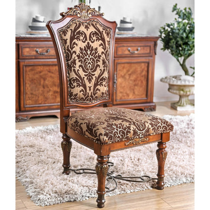 2-Pack Traditional Dining Chairs - Solid Wood, Carved Back, Floral Fabric Seats, Dining Room Brown Cherry