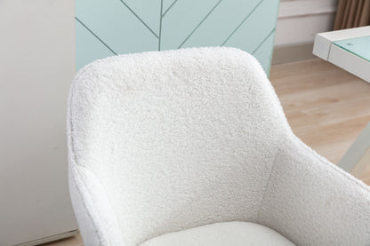 Elegant White Teddy Fabric Home Office Chair with Gold Metal Legs and 360° Swivel Function