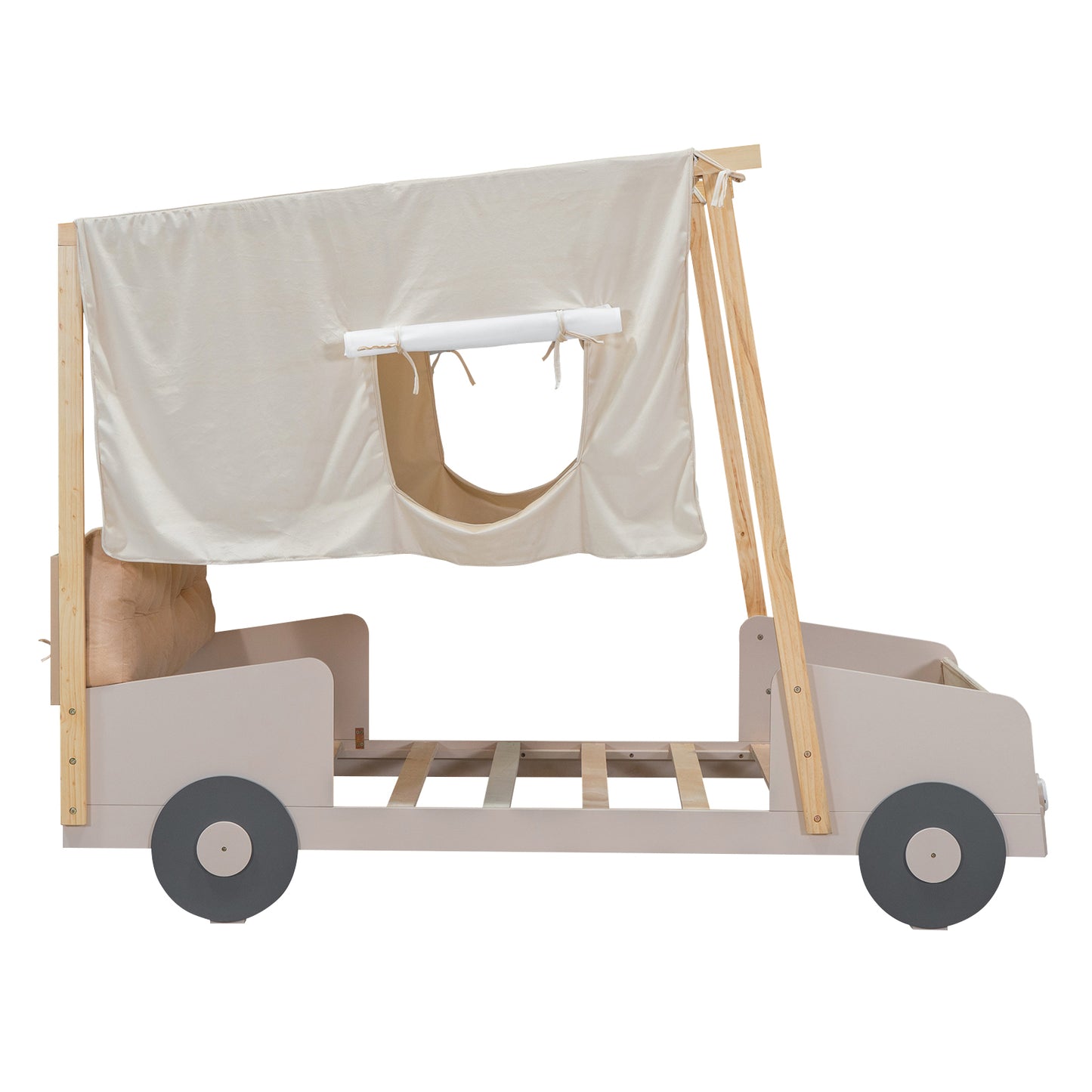 Wood Twin Size Car Bed with LED Lights, Pillow, Ceiling Cloth, Solid Pine and MDF Bed Frame Natural