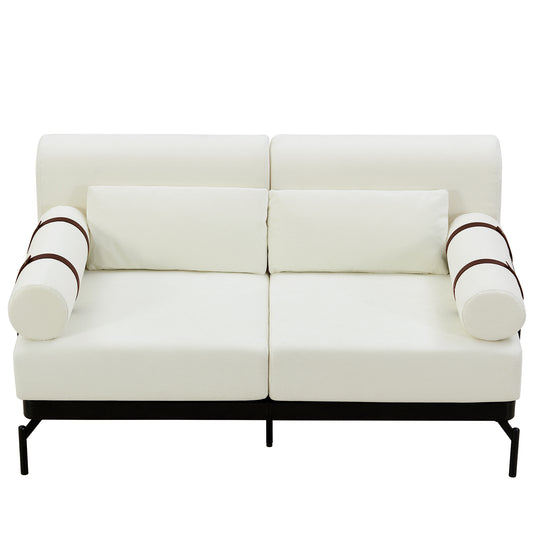 59-Inch USB-Equipped Loveseat with Cylindrical Armrests, Chenille Upholstery, Steel Frame, 2-Seater Beige