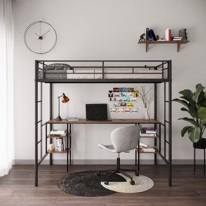 Twin Loft Bed with Integrated Desk & Storage Shelves - Sturdy Metal Construction, Noise Reduction Features, Safety Guardrails, and Dual Side Ladders - No Box Spring Required