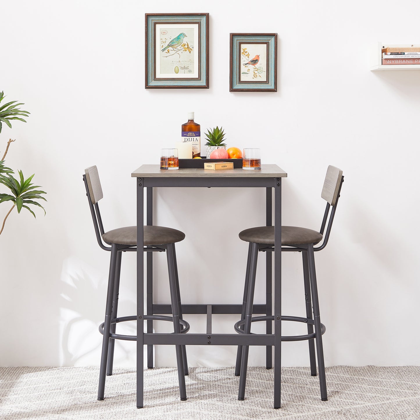 Bar Table Set with 2 Backrest Stools, Rustic PU Cushions, Space-Saving Dining for Kitchen or Bar Grey