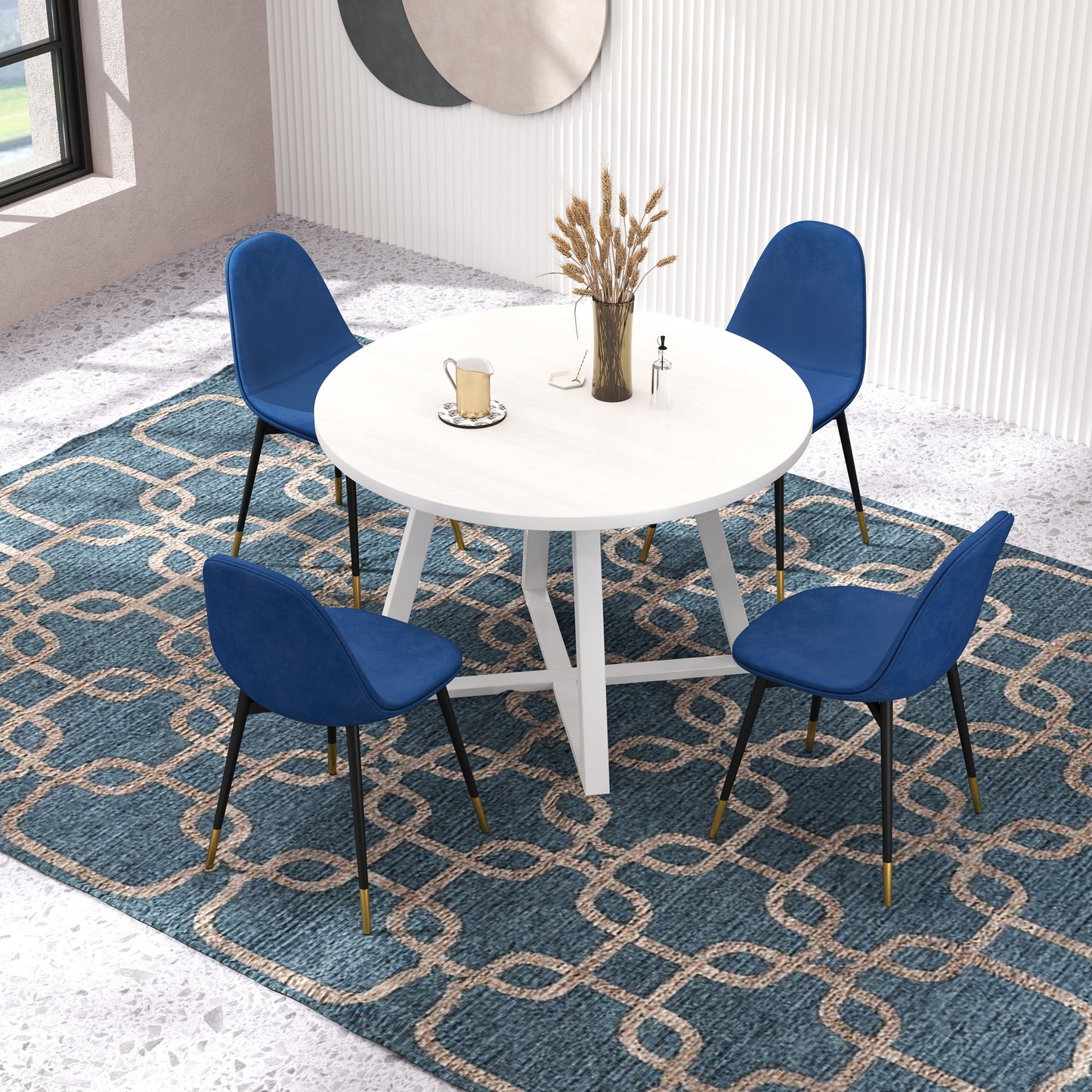 Round Dining Set With Trestle Table And Four Chairs Blue