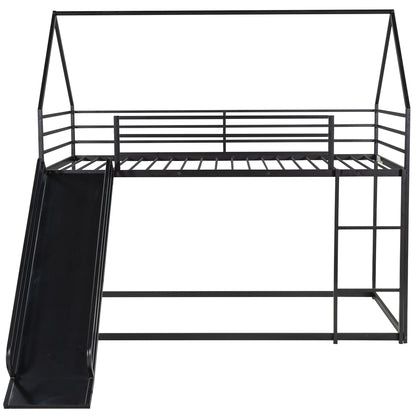 Twin House Bunk Bed with Slide and Ladder in Black for Kids