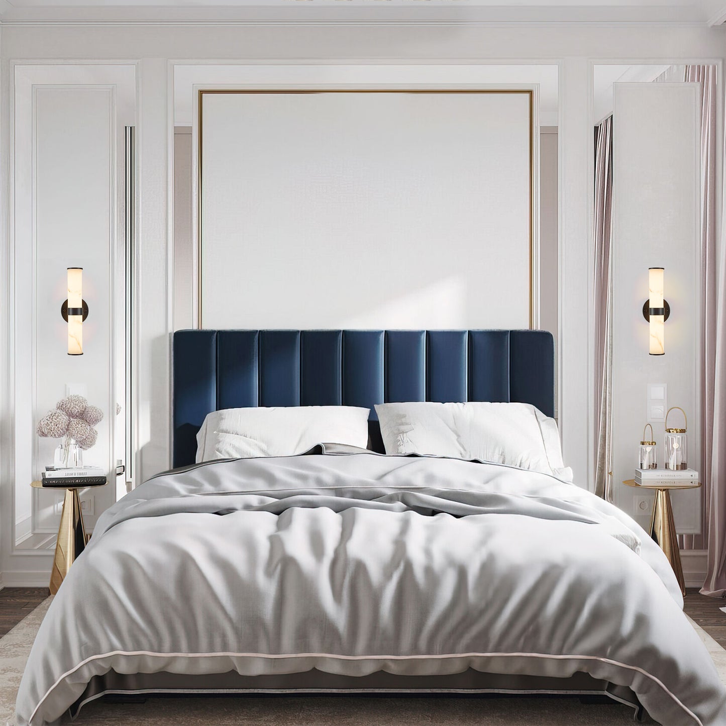 2-Pack Faux Marble Resin Wall Sconces – Indoor Hallway, Bathroom, Bedroom Lighting, Black Iron Finish