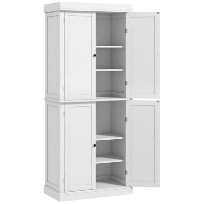 Elegant 72.5" White Freestanding Kitchen Pantry with Adjustable Shelves and 4 Doors