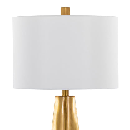 Contemporary 29-Inch Polyresin Table Lamp: Pyramid Base, White Linen Shade, Glam Art Deco Indoor Use Gold