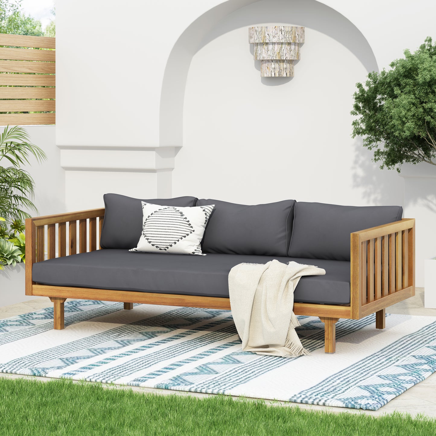 Three Seater Daybed With Wood Frame And Waterproof Cushions For Room 67.5 Length By 32 Width Dark Gray