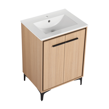 24-Inch Oak Bathroom Vanity with Ceramic Basin and Storage Cabinet
