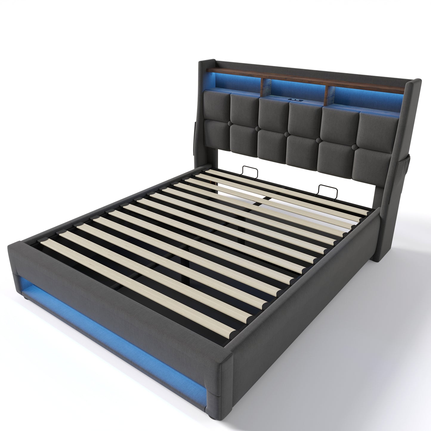 Modern Queen Size Upholstered Platform Bed with Hydraulic Storage, LED Lighting, and USB Port - Grey (Mattress Not Included)