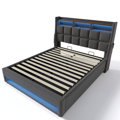Modern Queen Size Upholstered Platform Bed with Hydraulic Storage, LED Lighting, and USB Port - Grey (Mattress Not Included)
