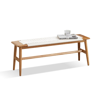 Solid Oak Wood Dining Bench with Handwoven Cane Seat, 31.5 x 11.8 x 15.98 in, White