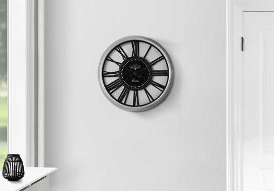 16-Inch Round Wall Clock with Skeleton Dial, Silent Quartz Movement, No Assembly, Black and Silver