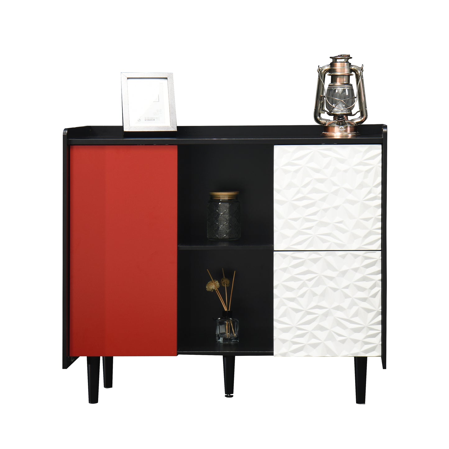 Sideboard Buffet Cabinet, Black Storage Cabinet with Red Doors , 2 Drawers with unique panel styling and 2 Open Storage Compartment, Modern Coffee Bar Cabinet Accent Cabinet for Kitchen, Dining Room,