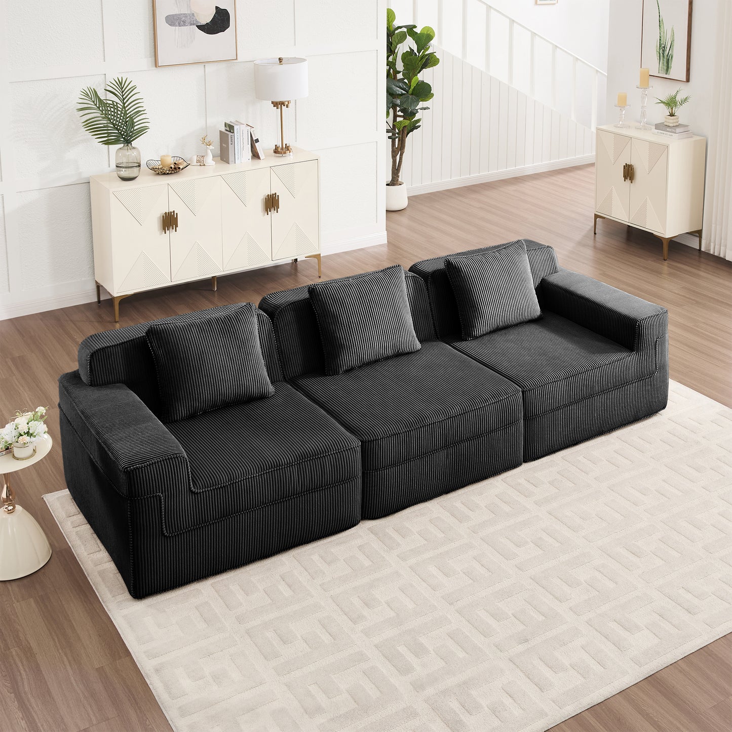 Modular 3-Seat Boneless Sofa with Deep Cushions, Corduroy Upholstery, Throw Pillows, Living Room Black