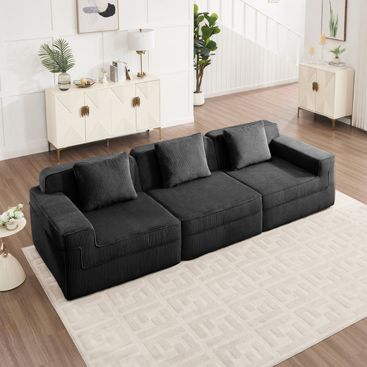 Modular 3-Seat Boneless Sofa with Deep Cushions, Corduroy Upholstery, Throw Pillows, Living Room Black