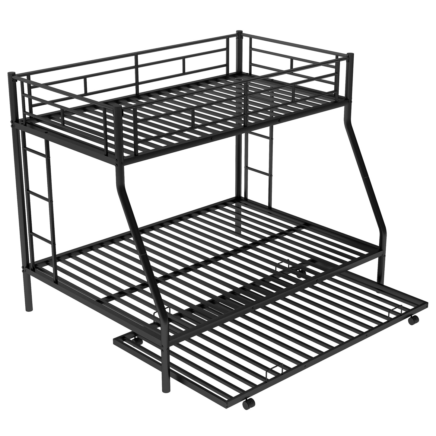 Stylish Twin over Full Bunk Bed with Twin Trundle and Dual Ladders - Sturdy Steel Frame in Black