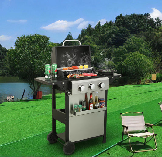 Three Burner Gas Grill With Stainless Steel Construction For Outdoor Patio Cooking 41 Inch Long 19 Inch Wide Silver