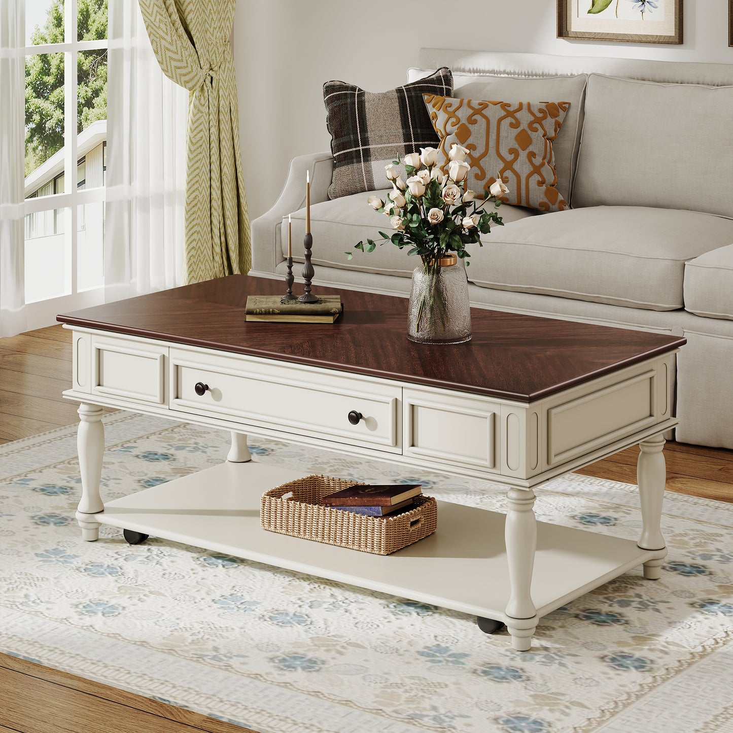 Farmhouse Coffee Table with 1-Drawer, Lockable Wheels, Living Room Center Table, Walnut + White