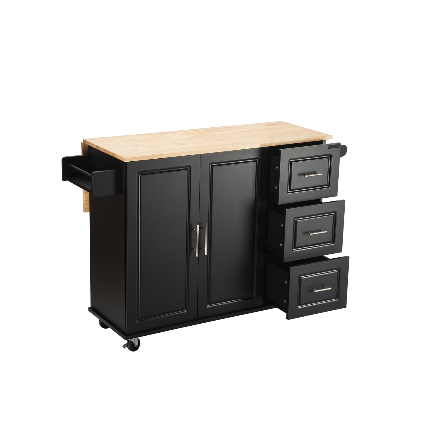 Mobile Kitchen Island with Rubber Wood Top, Adjustable Shelves & Spice Rack - Black-Beech Finish
