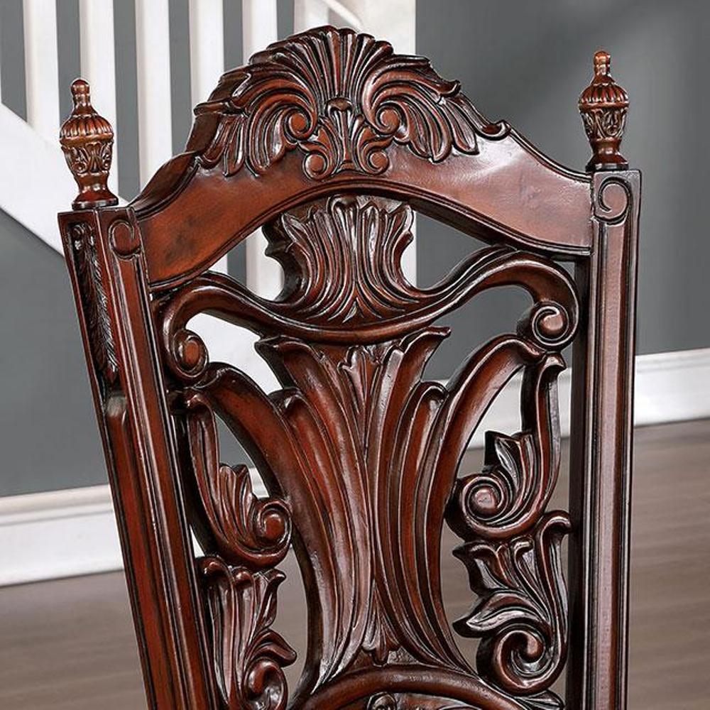 Traditional Dining Side Chair Set of 2, Solid Wood, Leatherette, Carved Back, Nailhead Trim Dark Brown