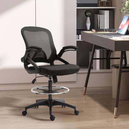 Adjustable Tall Mesh Drafting Chair with Lumbar Support, Flip-Up Armrests, and Footrest Ring in Black