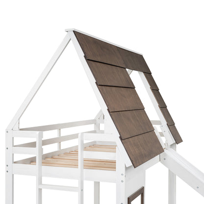 Wooden Twin House Bunk Bed with Roof, Ladder, and Slide in White and Brown