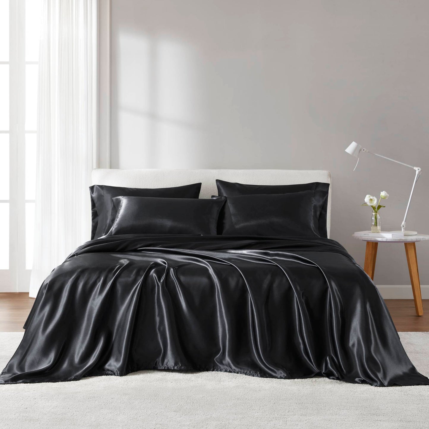 7-Piece Split King Satin Sheet Set – 100% Polyester, 90 GSM, Flat + Fitted + Pillowcases, Wrinkle-Free, Black