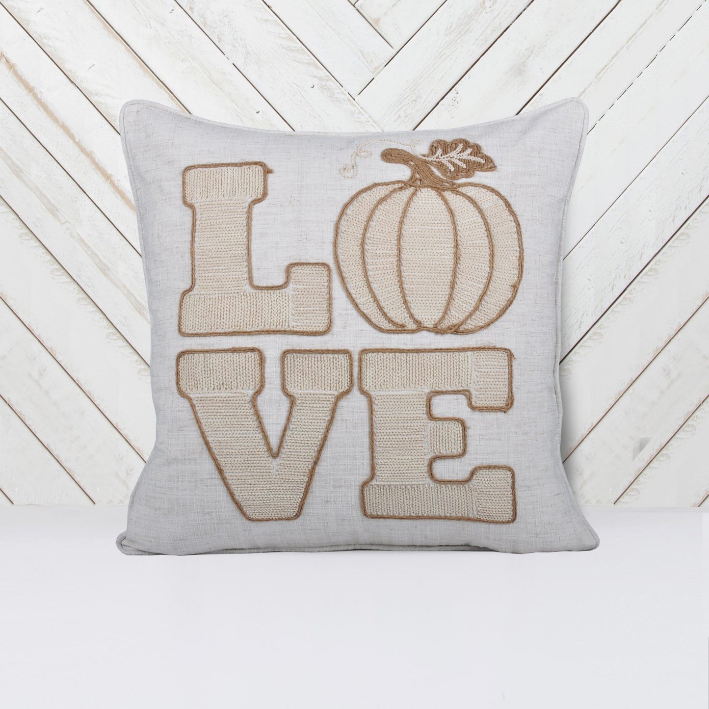 20x20 Pumpkin-Embroidered Throw Pillow with LOVE, Rustic Farmhouse Decor, Linen-Blend, Beige