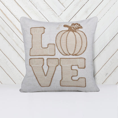 20x20 Pumpkin-Embroidered Throw Pillow with LOVE, Rustic Farmhouse Decor, Linen-Blend, Beige