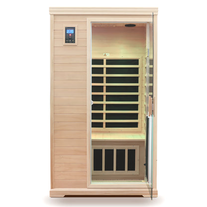 Two-Person Far-Infrared Hemlock Indoor Sauna with 9 Heating Panels, LCD Touch, Bluetooth, 1750W - Natural
