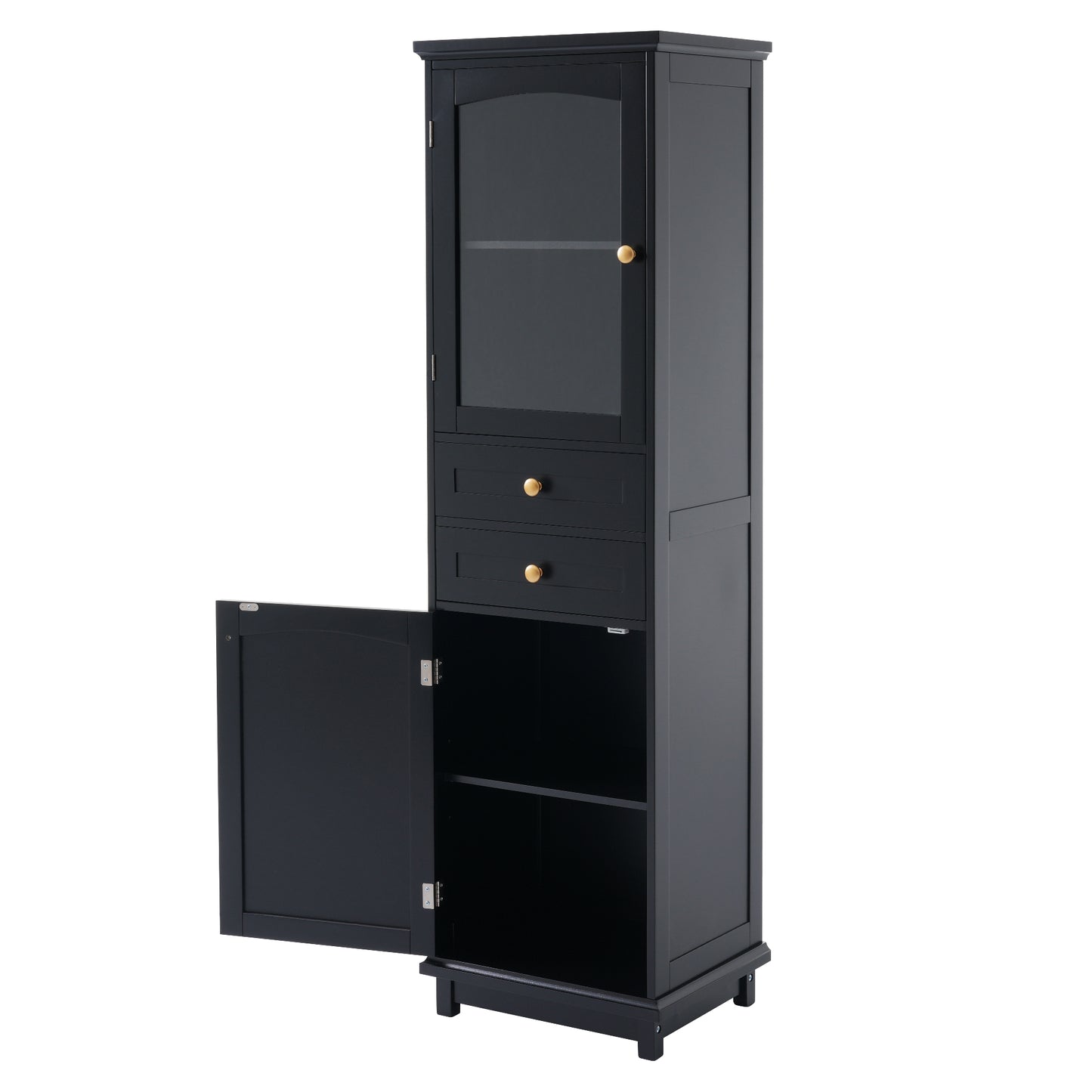 63" Tall Bathroom Storage Cabinet with Glass Doors, Free-Standing, Two Drawers, and Adjustable Shelves, MDF Board, Painted Black - Perfect for Displaying Your Favorite Items