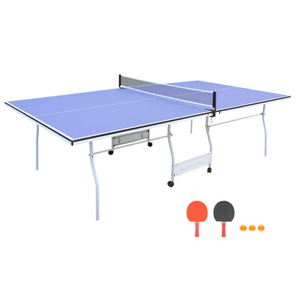 9-Foot Foldable Indoor Table Tennis Table with Net, Regulation-Size Ping Pong, Playback Blue