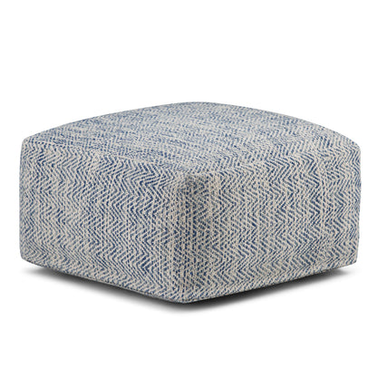Square Patterned Denim Melange Pouf, 20x20x10 in Bead-Filled Seating Ottoman, Accent - Light Blue