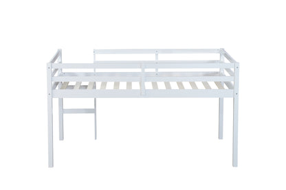 Contemporary Rubber Wood Twin Loft Bed with Ladder and Spacious Storage, White Finish