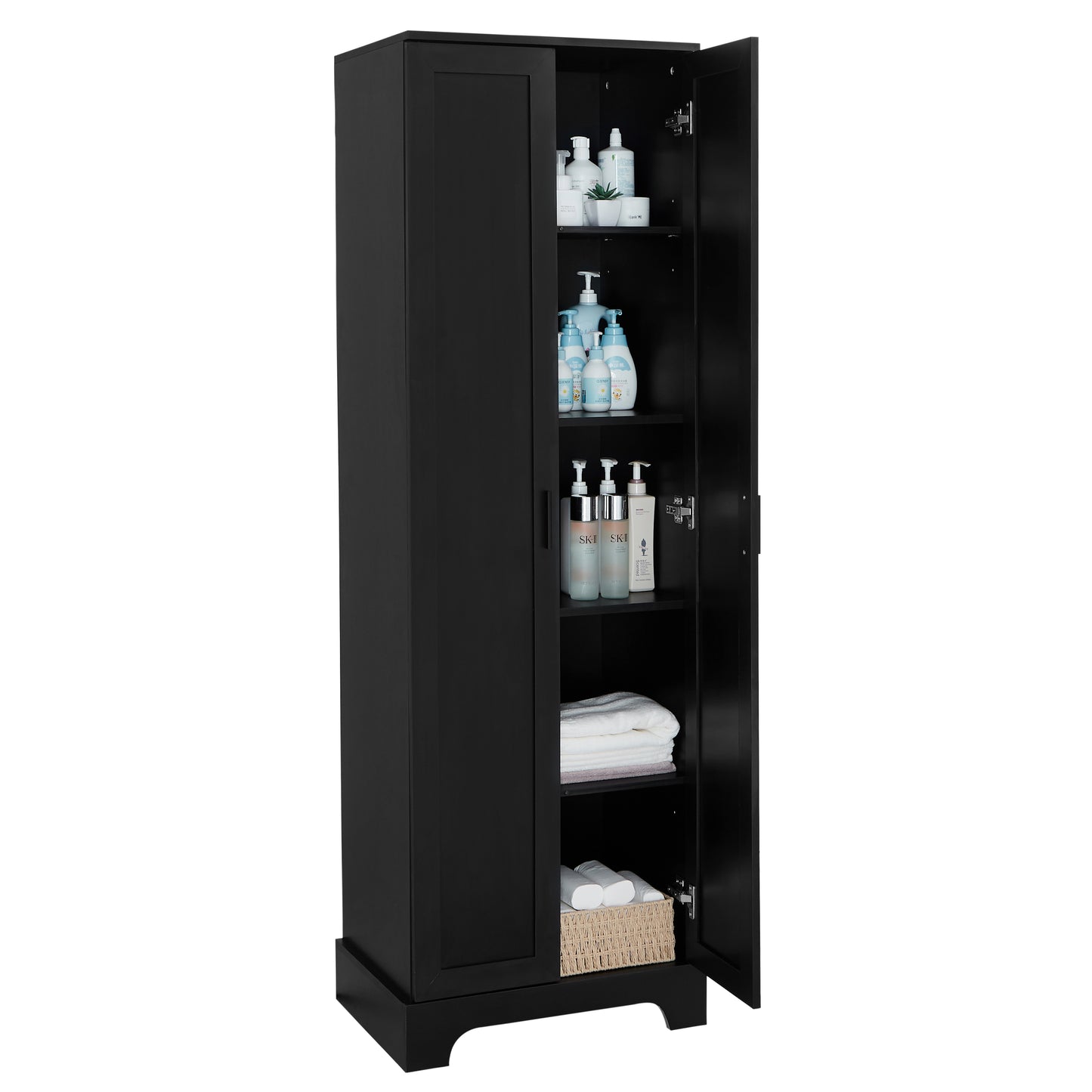 Elegant Black Storage Cabinet with Adjustable Shelves for Bathroom and Office