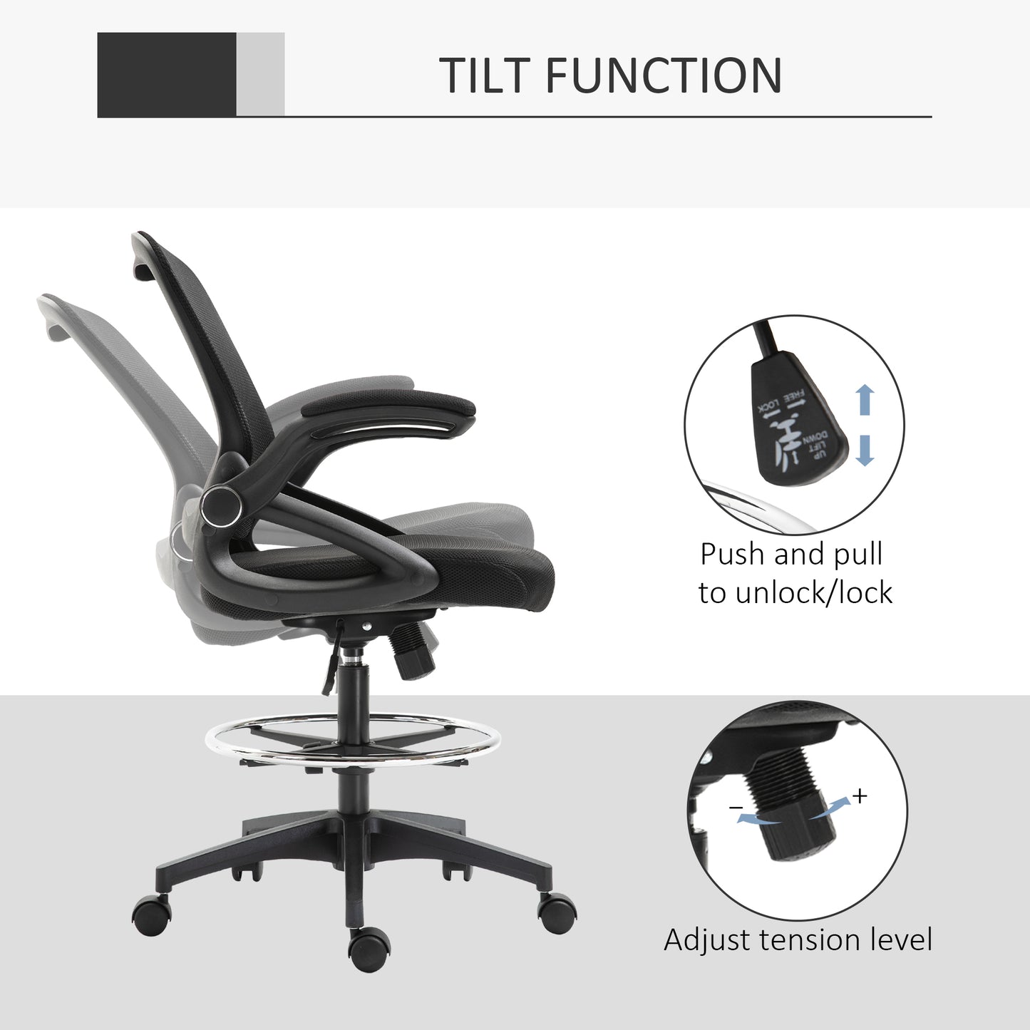Adjustable Tall Mesh Drafting Chair with Lumbar Support, Flip-Up Armrests, and Footrest Ring in Black