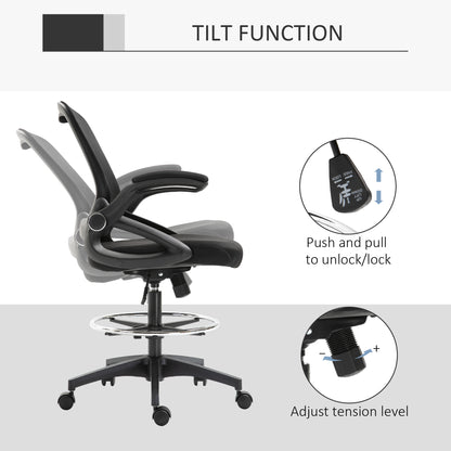 Adjustable Tall Mesh Drafting Chair with Lumbar Support, Flip-Up Armrests, and Footrest Ring in Black