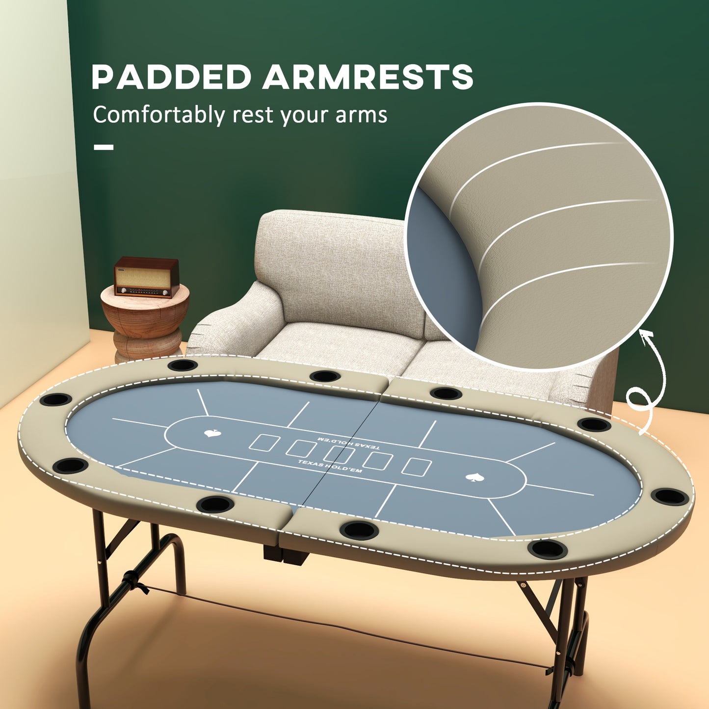 70-Inch Folding Oval Poker Table for 10 with Cup Holders, Felt Surface, Portable Padded, Blue and Brown