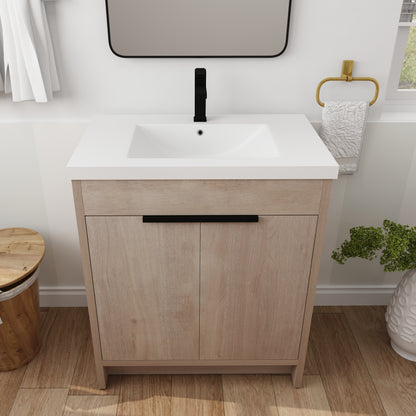 30-Inch Light Oak Freestanding Bathroom Cabinet with Soft-Close Doors & Integrated Resin Sink
