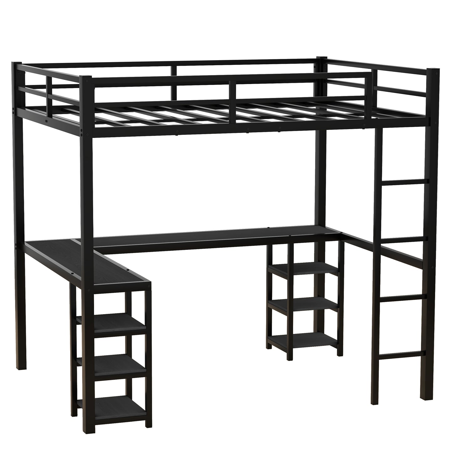 Stylish Black Metal Loft Bed with Integrated Desk and Storage Shelves